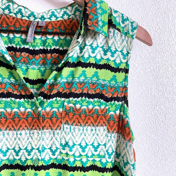 New Directions Green Tribal Print Button Front Sleeveless Blouse Women's Small - Picture 3 of 6